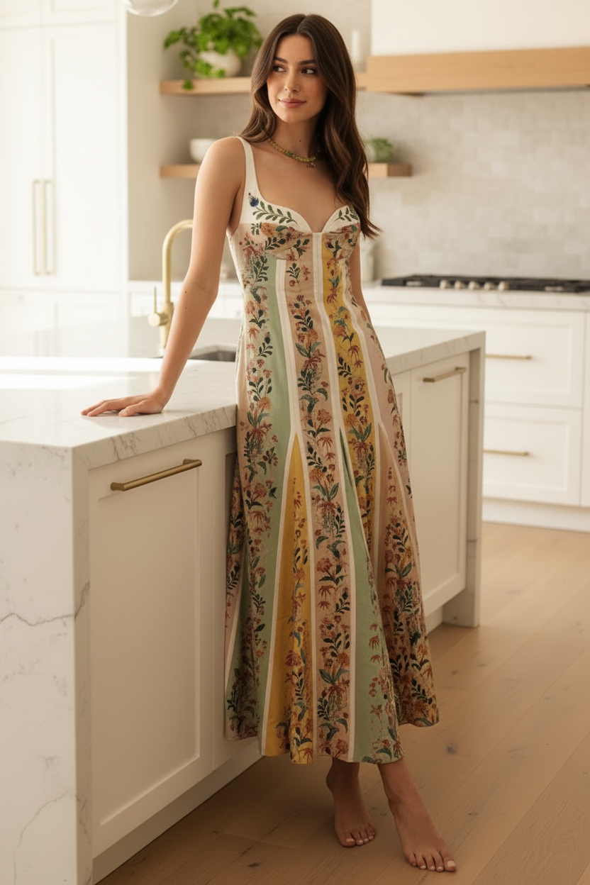 Cotton Blend Retro Floral Panel Boho Sweetheart Neck Panel Patchwork Maxi Dress