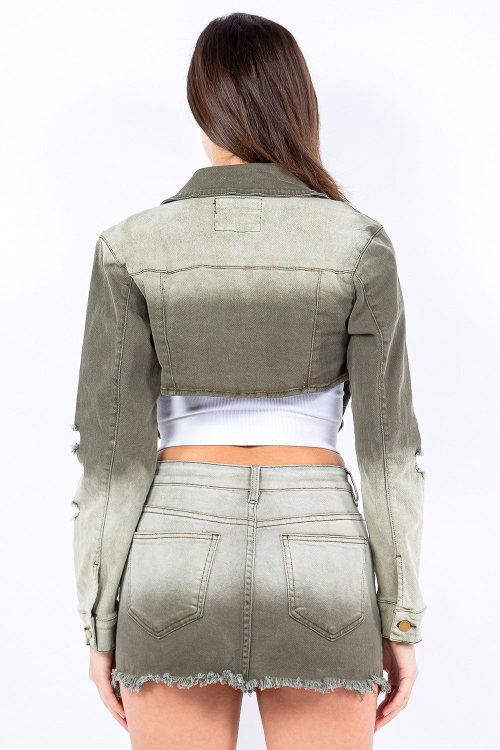 American Bazi Distressed Denim Cropped Button-Up Washed Green Ombre Jean Jacket