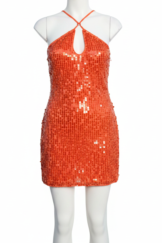 Sparkling Sequin Teardrop Keyhole Halter Neck Open Drape Cowl Back Mini Dress