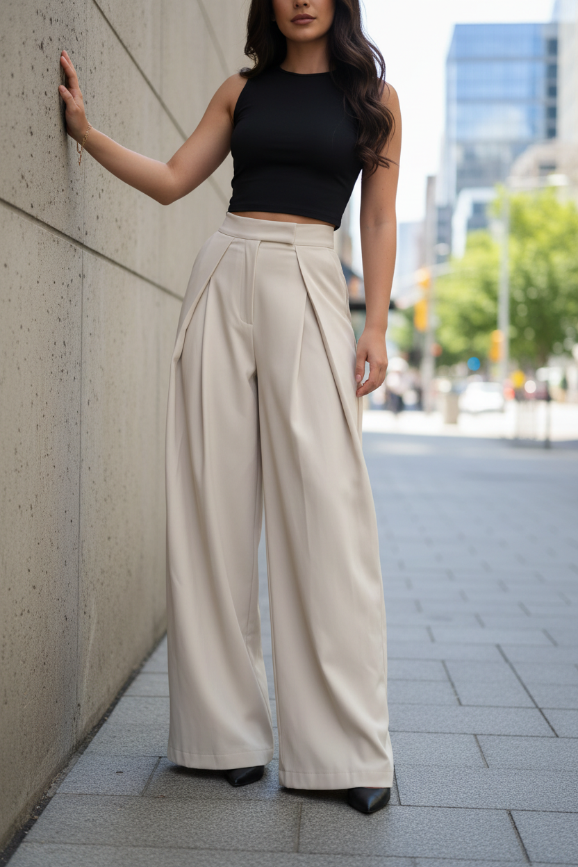 High-Waisted Double Pleat Front Fitted Waist Extra Wide Leg Pants Tailored Trousers