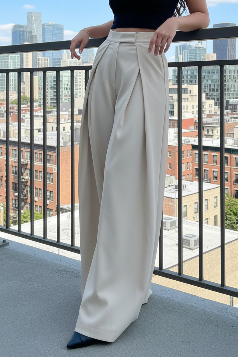 High-Waisted Double Pleat Front Fitted Waist Extra Wide Leg Pants Tailored Trousers