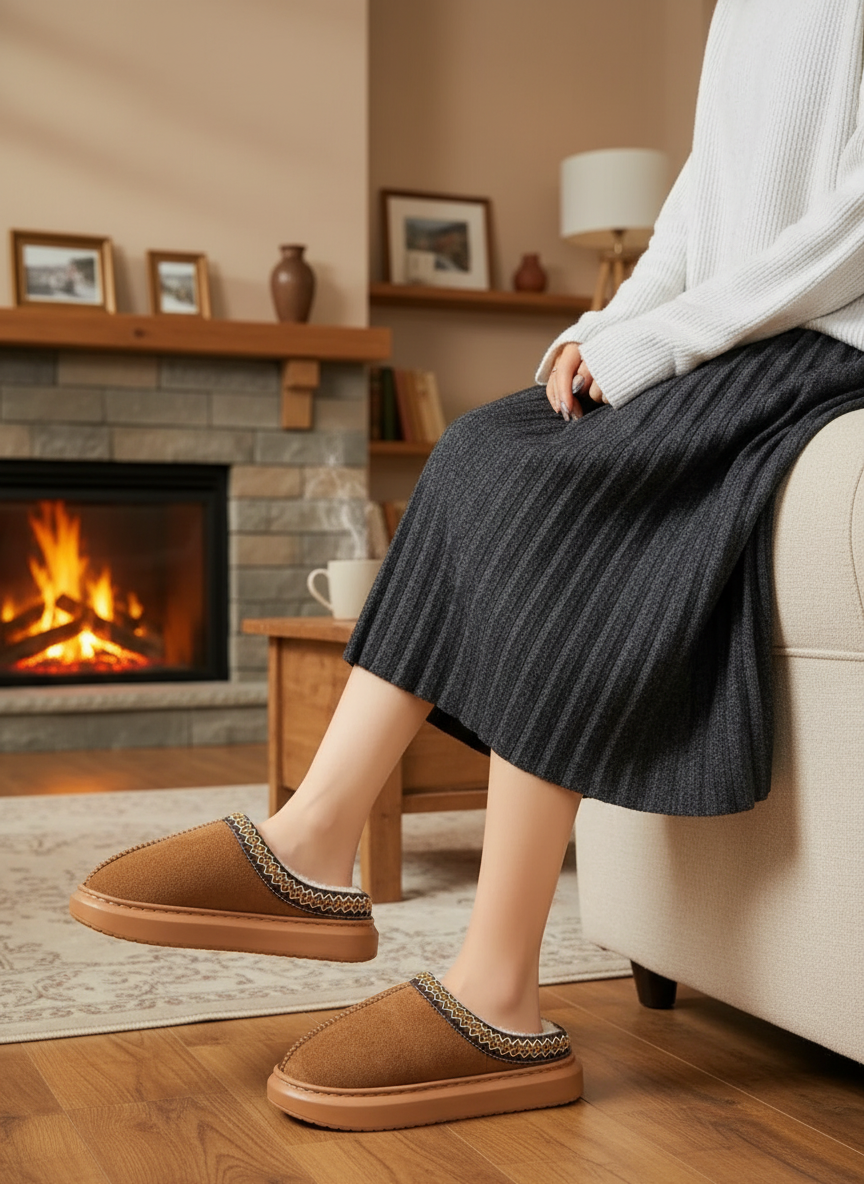 Embroidered Vegan Fur Faux Suede Platform Slippers Slip-On House Shoes Clogs