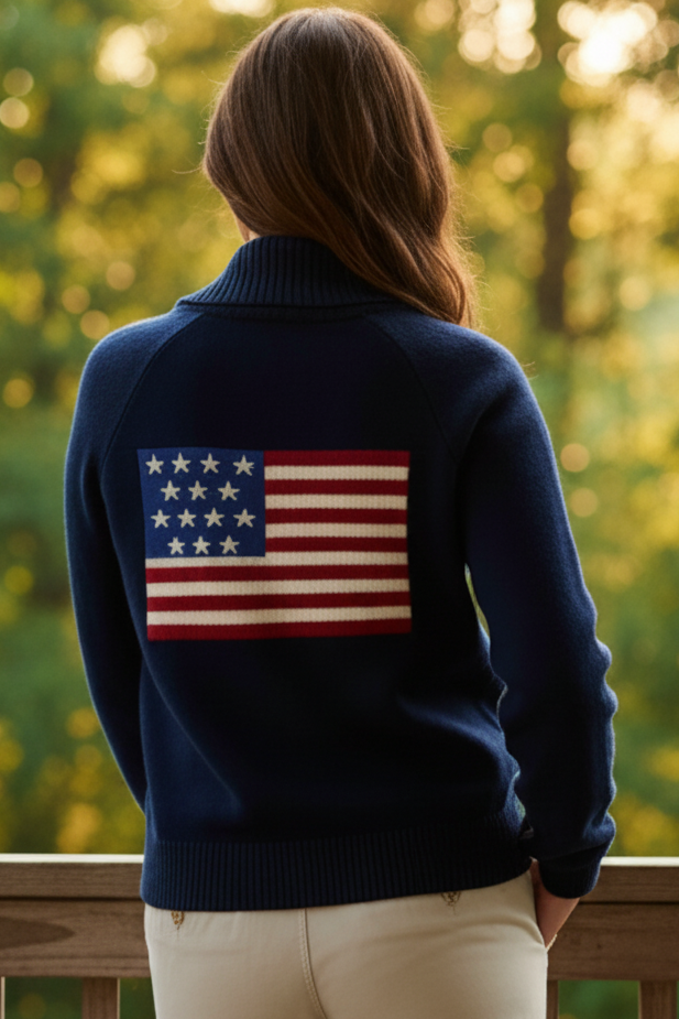 American USA Flag V-Neck Button Front Patch Pocket Long Sleeve Boxy Knit Cardigan