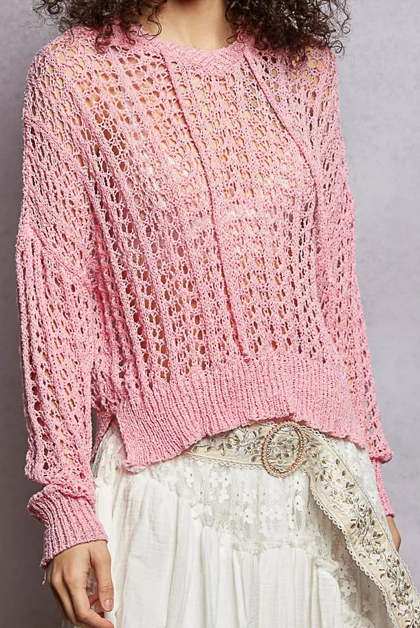 POL Crochet Hoodie Openwork Knit Top Long Sleeve High Low Pullover Sweater Shirt Pink