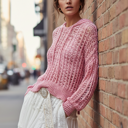 POL Crochet Hoodie Openwork Knit Top Long Sleeve High Low Pullover Sweater Shirt Pink
