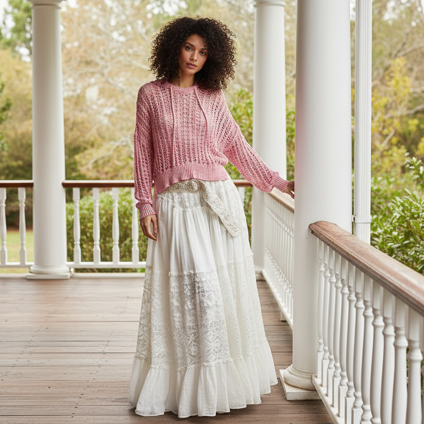 POL Crochet Hoodie Openwork Knit Top Long Sleeve High Low Pullover Sweater Shirt Pink