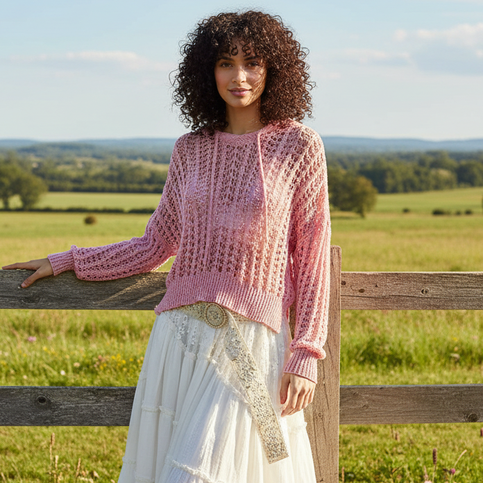 POL Crochet Hoodie Openwork Knit Top Long Sleeve High Low Pullover Sweater Shirt Pink