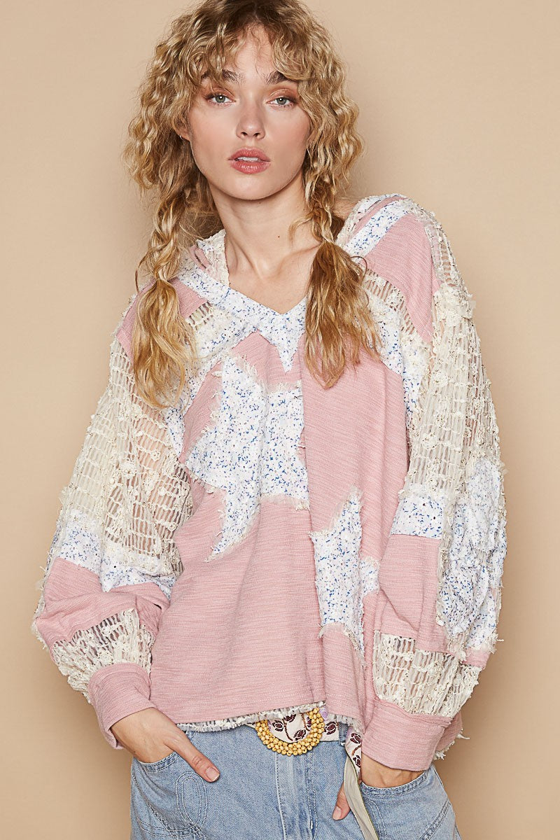 POL Lace Hoodie Star Patchwork Pullover Top Long Sleeve Oversized Bohemian Shirt