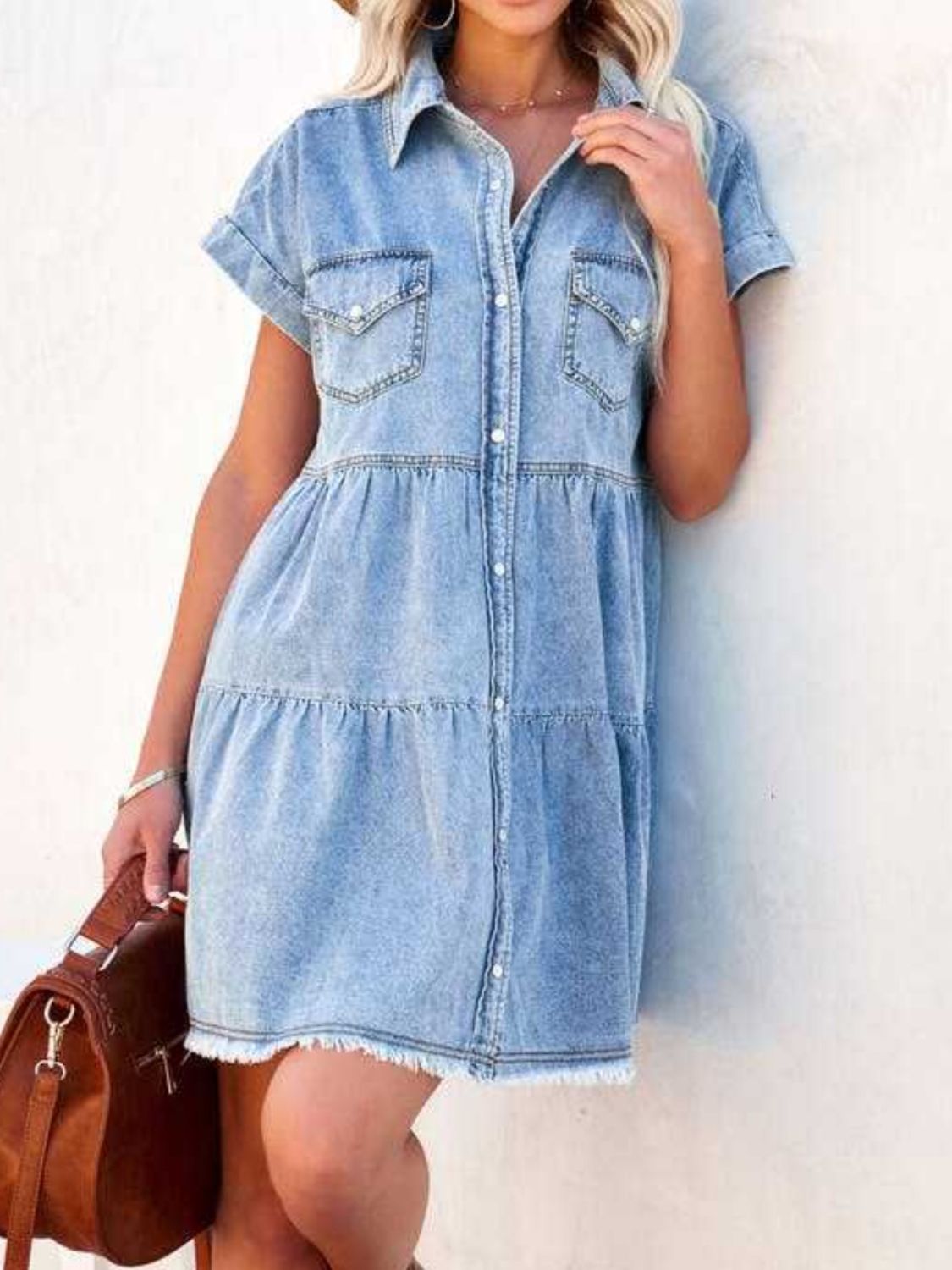 Button-Up Denim Short Sleeve Blue Jean Tiered Raw Hem Babydoll Mini Dress