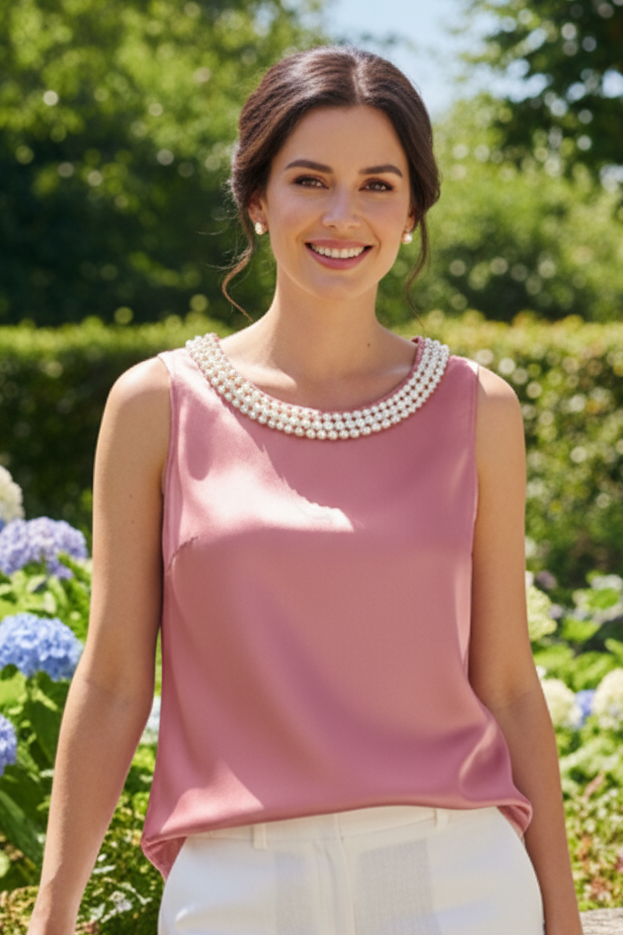 Faux Pearl Embellished Satin Sleeveless Blouse Round Neck Classy Statement Top