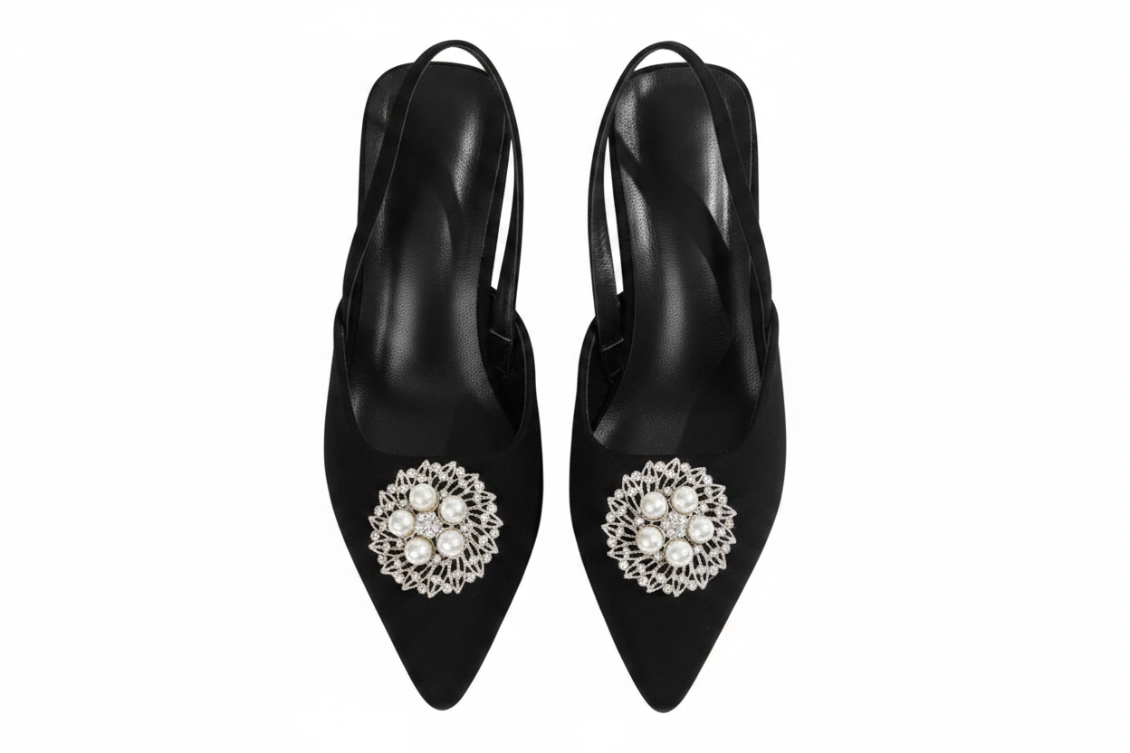 Statement Pearl Rhinestone Embellished Pointed Toe Slingback Kitten Heel Pumps