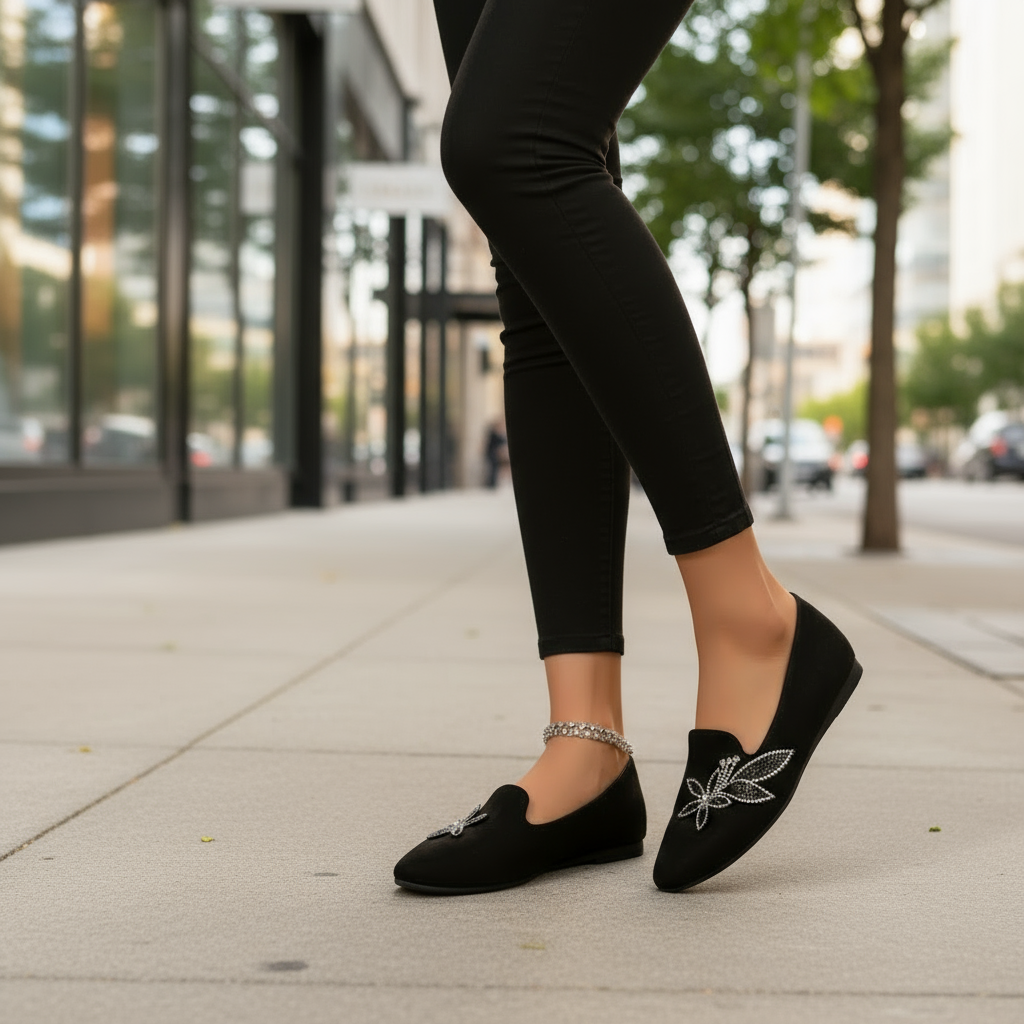 Floral Rhinestone Pointed Toe Flats Smooth Vegan Suede Slip-On Loafer Shoes