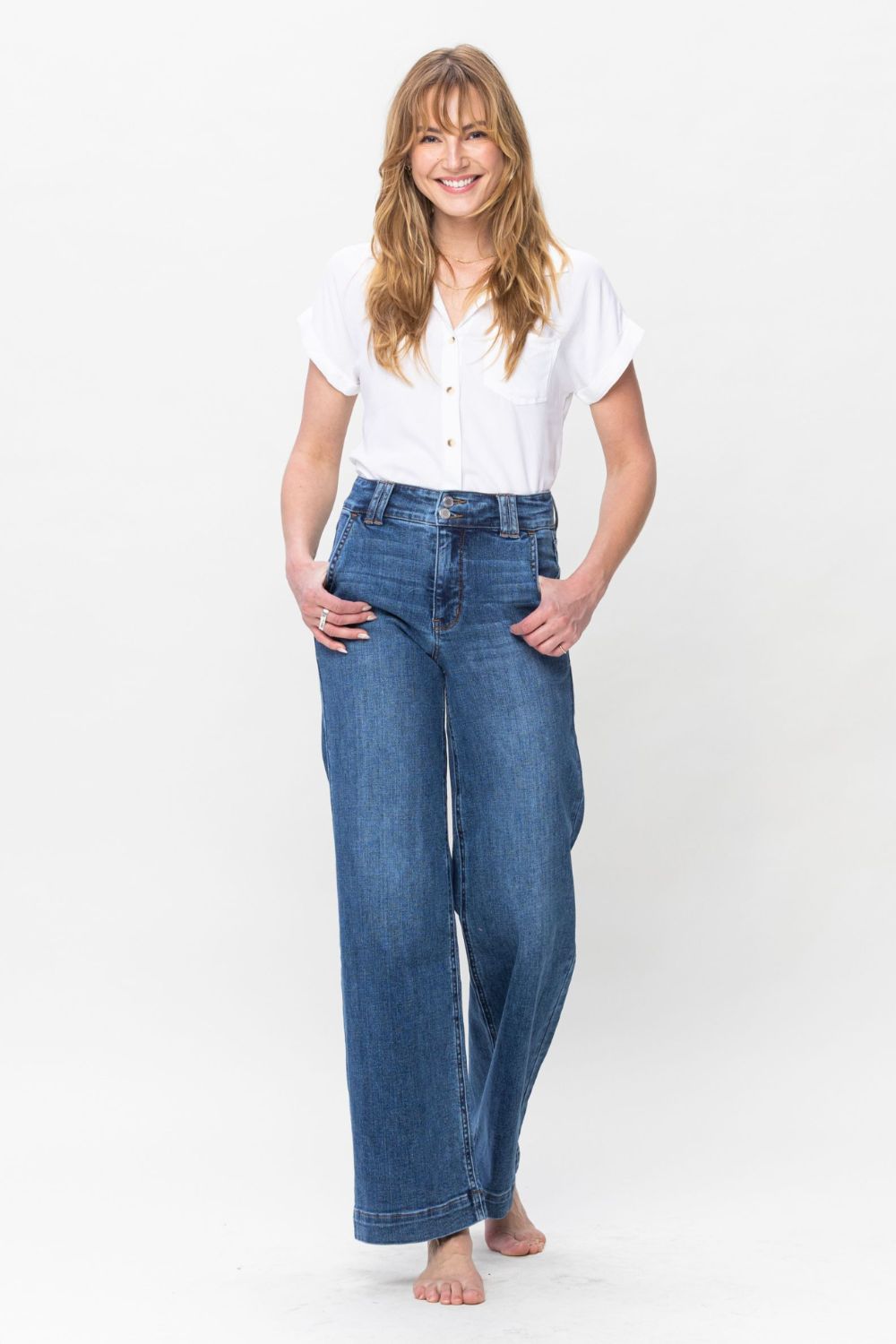 Judy Blue High-Rise Boyfriend Jeans Double Button Relaxed Wide Leg Denim Pants