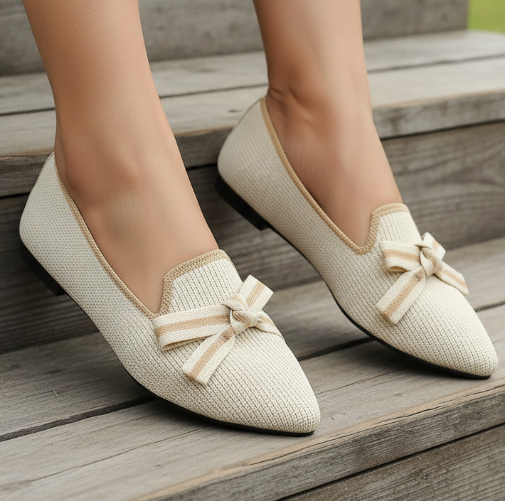 Oversized Bow Pointed Toe Knit Ballet Flats Contrast Trim Casual Slip-On Shoes