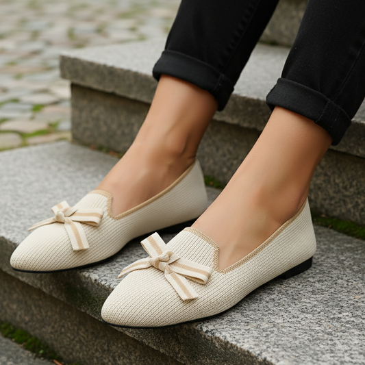 Oversized Bow Pointed Toe Knit Ballet Flats Contrast Trim Casual Slip-On Shoes