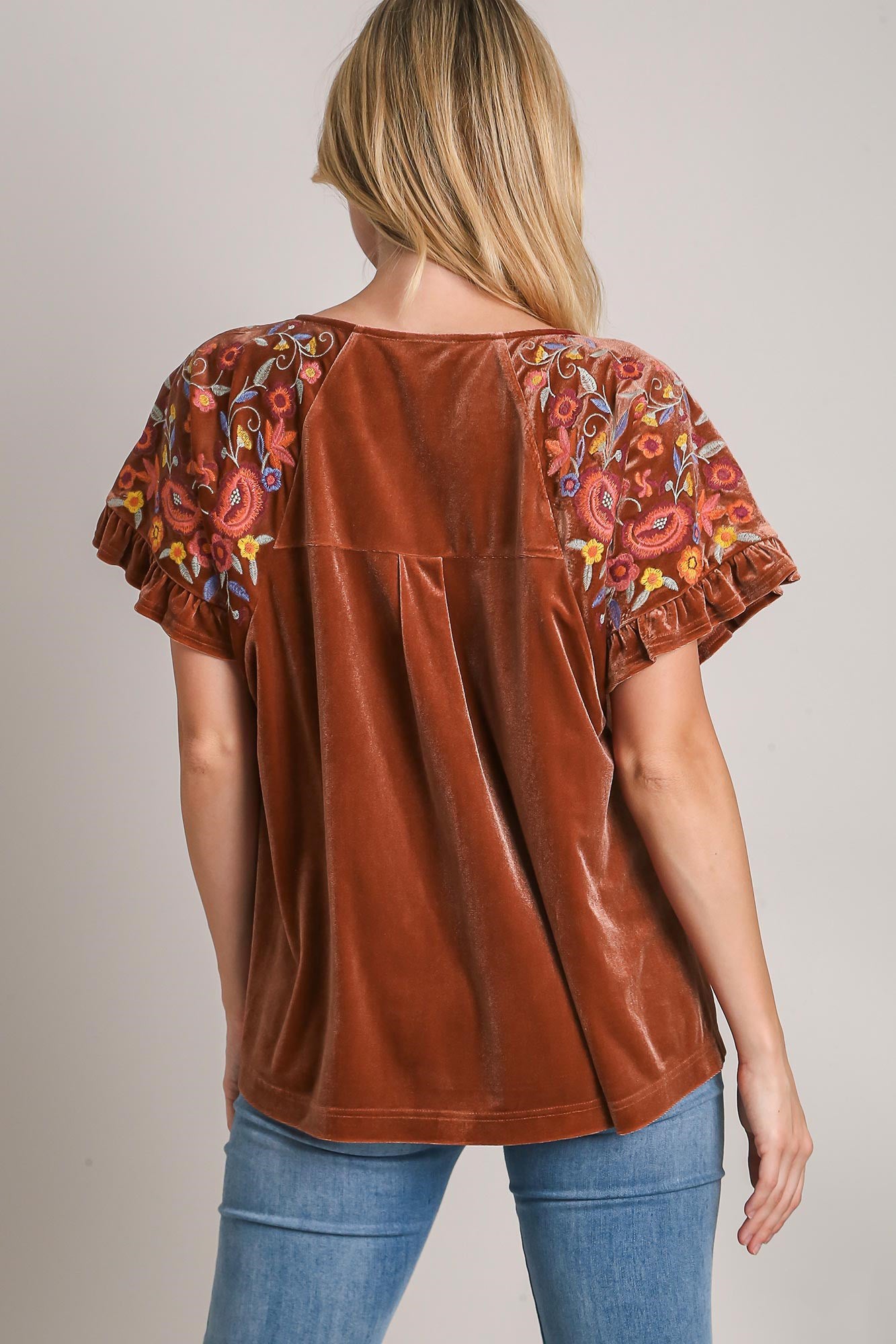 Umgee Velvet Embroidered Floral 70s Retro Shirt Ruffle Top Short Sleeve Blouse