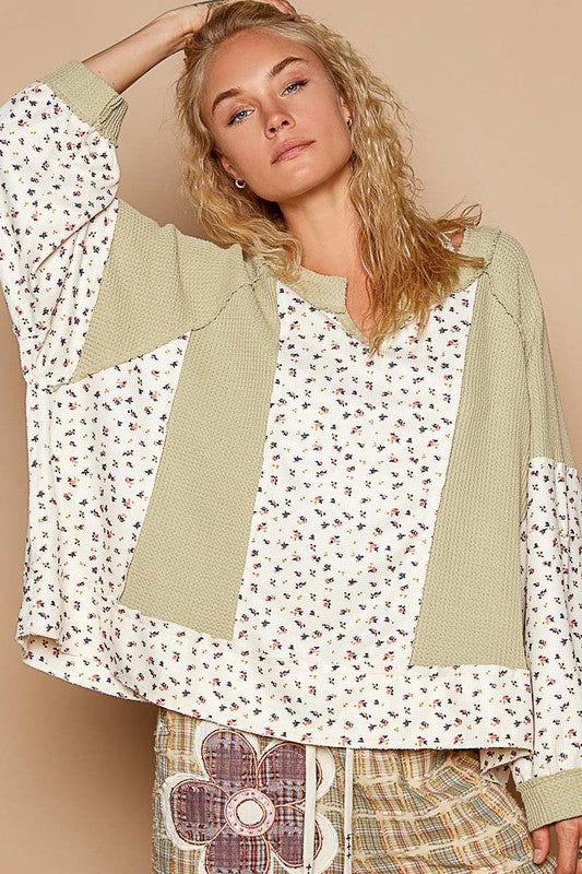 POL Retro Waffle Knit Granny Floral Top Patchwork Oversized Boho Sweater Shirt