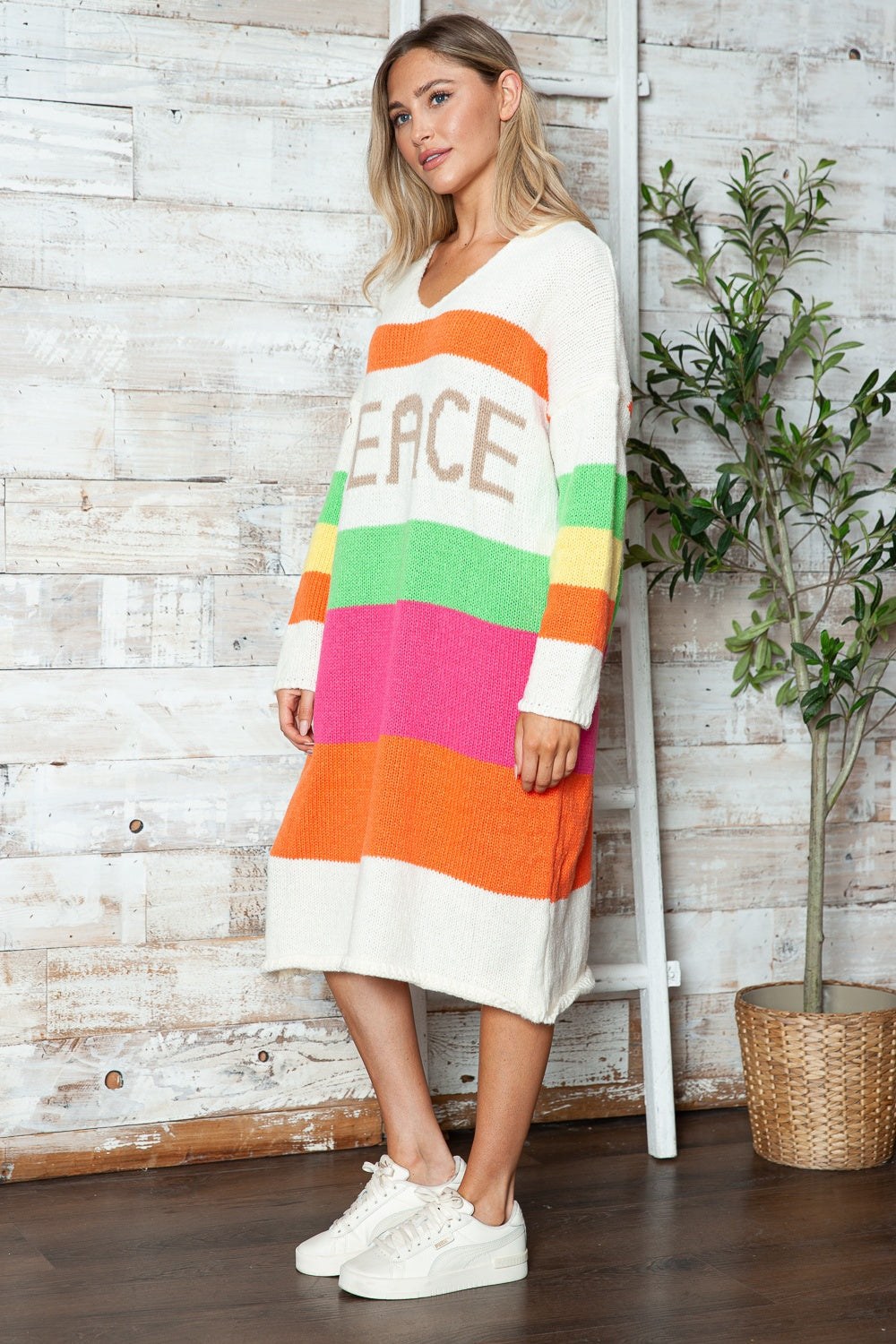 PEACE Oversized Knit Sweater Dress Colorful Contrasting Long Sleeve Knee Midi