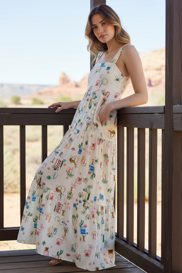 Dramatic Tie Back Mediterranean Square Neck Wide Strap Tiered Maxi Dress