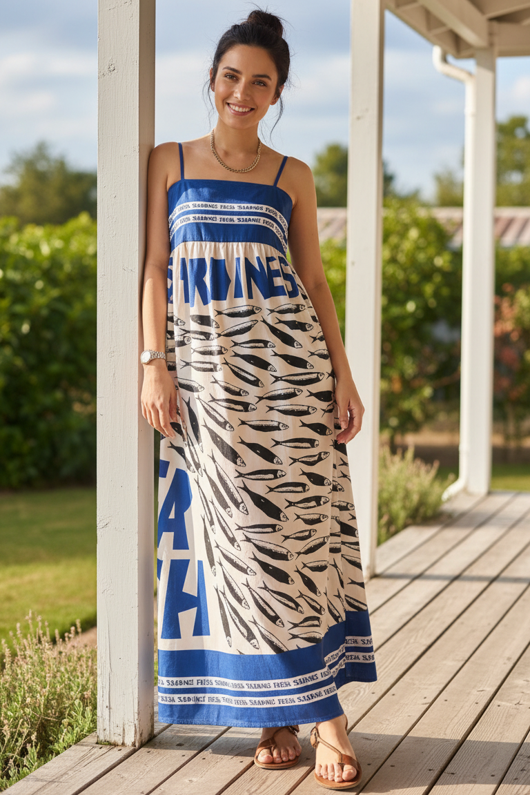 Mediterranean Sardine Fish Square Neck Adjustable Spaghetti Strap Maxi Dress