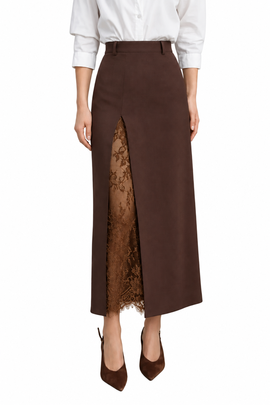 High Waist Scalloped Lace Accent Dramatic High Slit A-Line Zip Back Midi Skirt