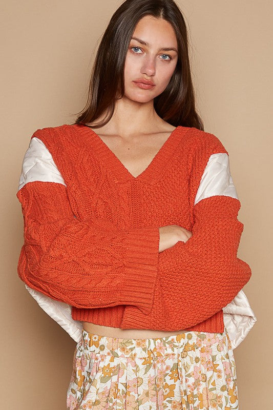 POL Quilted Waffle Cable Knit Patchwork High-low Top Long Sleeve Crop Sweater