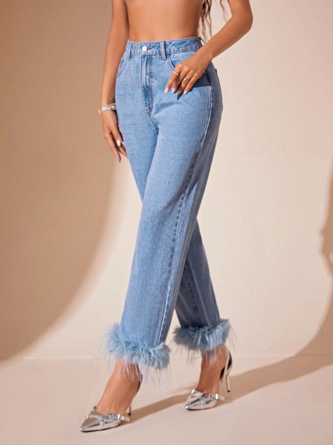 Faux Fur Plush Ankle High-Rise Waist Relaxed Fit Jeans Straight Leg Denim Pants