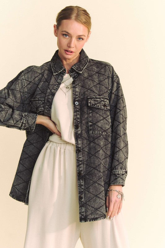 Davi & Dani Denim Shacket Diamond Quilt Stitching High Low Oversized Jean Shirt Jacket