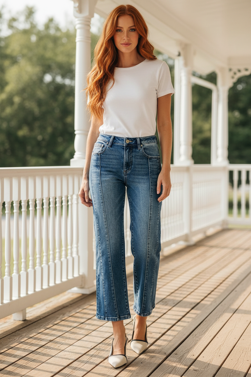 Risen High-Rise Relaxed Denim Baggy Pants Cropped Straight Leg Jeans Pintuck