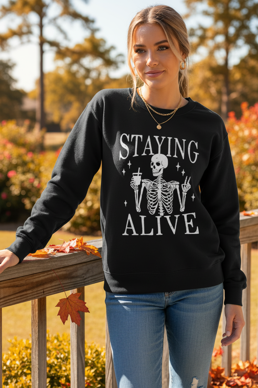 Staying Alive Skeleton Sweatshirt Funny Halloween Crew Neck Long Sleeve Pullover