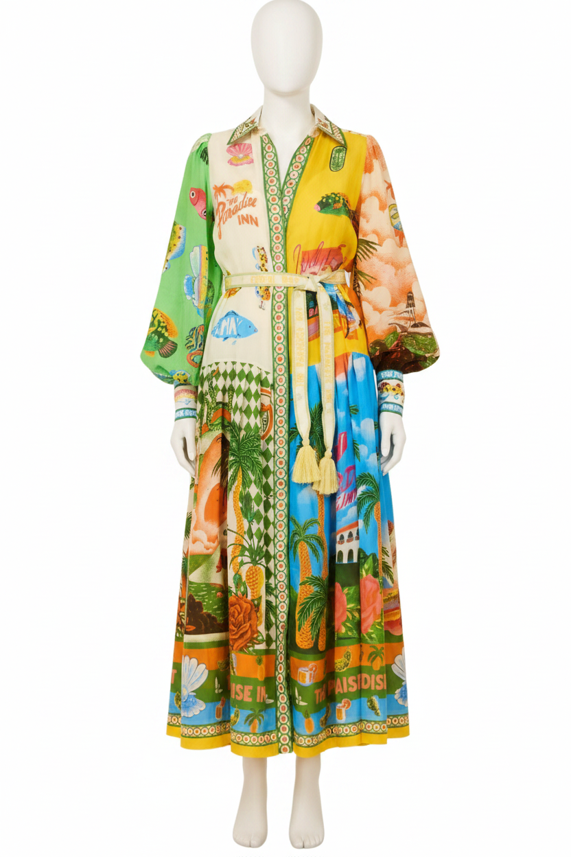 Paradise Inn Island Button-Up Belted Artsy Lantern Sleeve Collared Midi Shirt Dress
