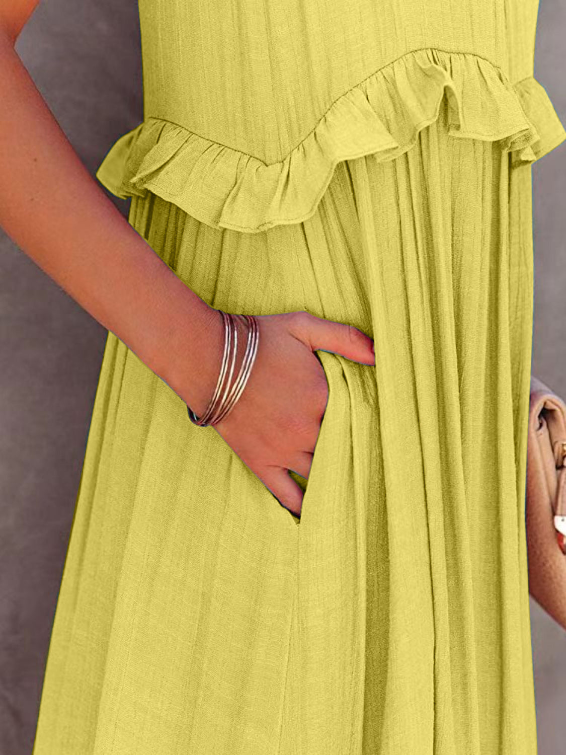 Ruffle Sleeveless Grecian Tie Back Tiered Summer Side Pocket Oversized High-Low Maxi Dress