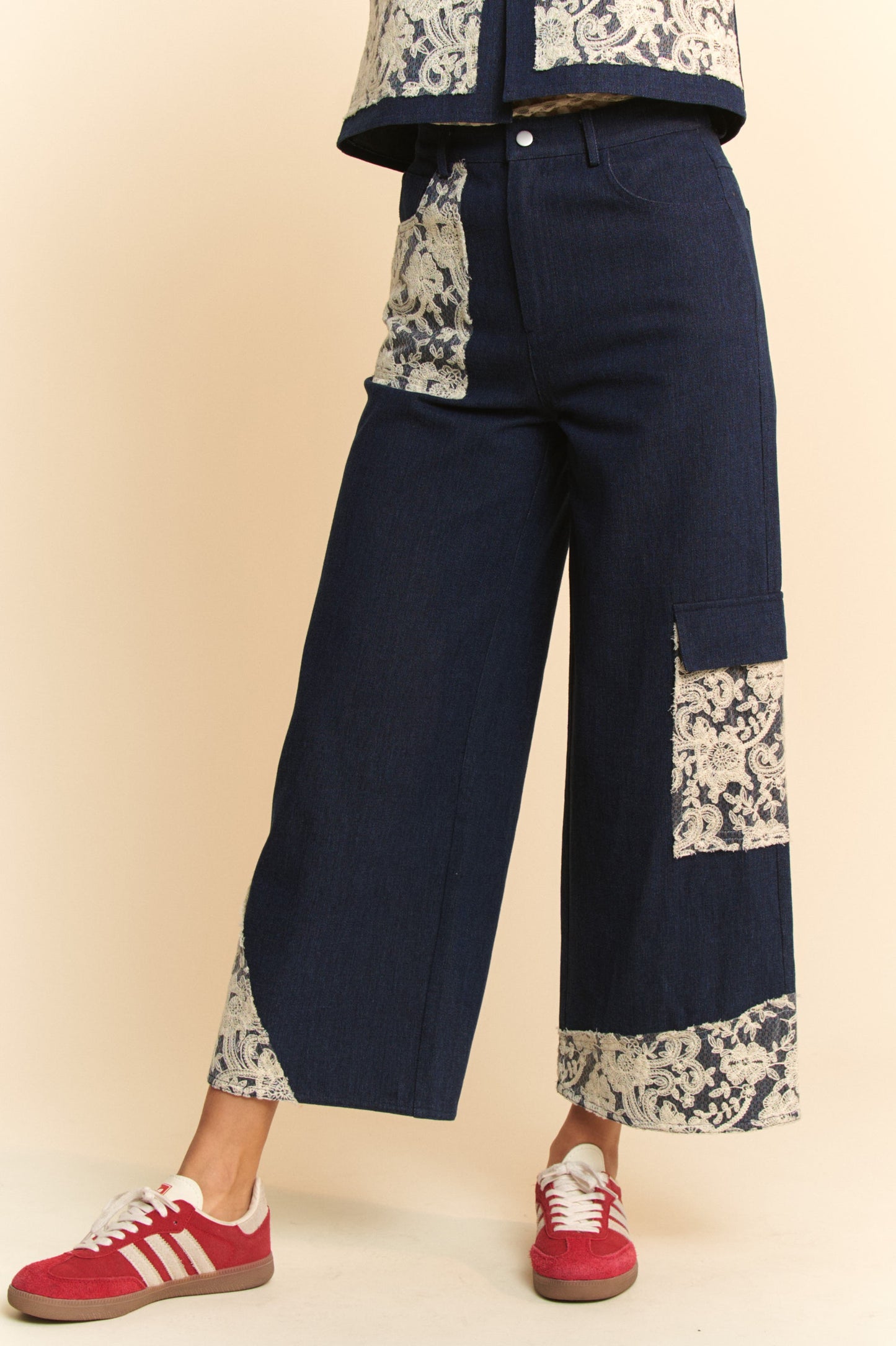 DAVI & DANI Jeans Lace Cargo Patchwork High-Rise Relaxed Wide Leg Denim Pants