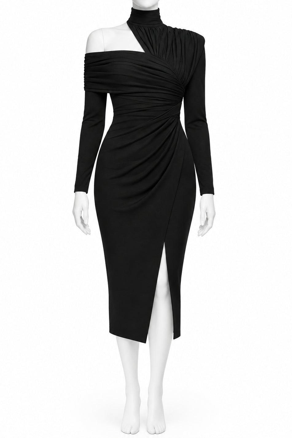 Asymmetrical One Shoulder Mock Neck Ruched Bodycon Midi Dress High Front Slit