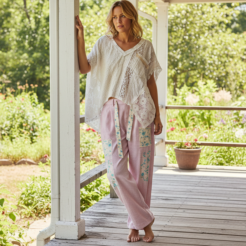 POL Lace Patchwork Asymmetrical Drape Shirt Oversized V-Neck Exposed Seam Top Off-white