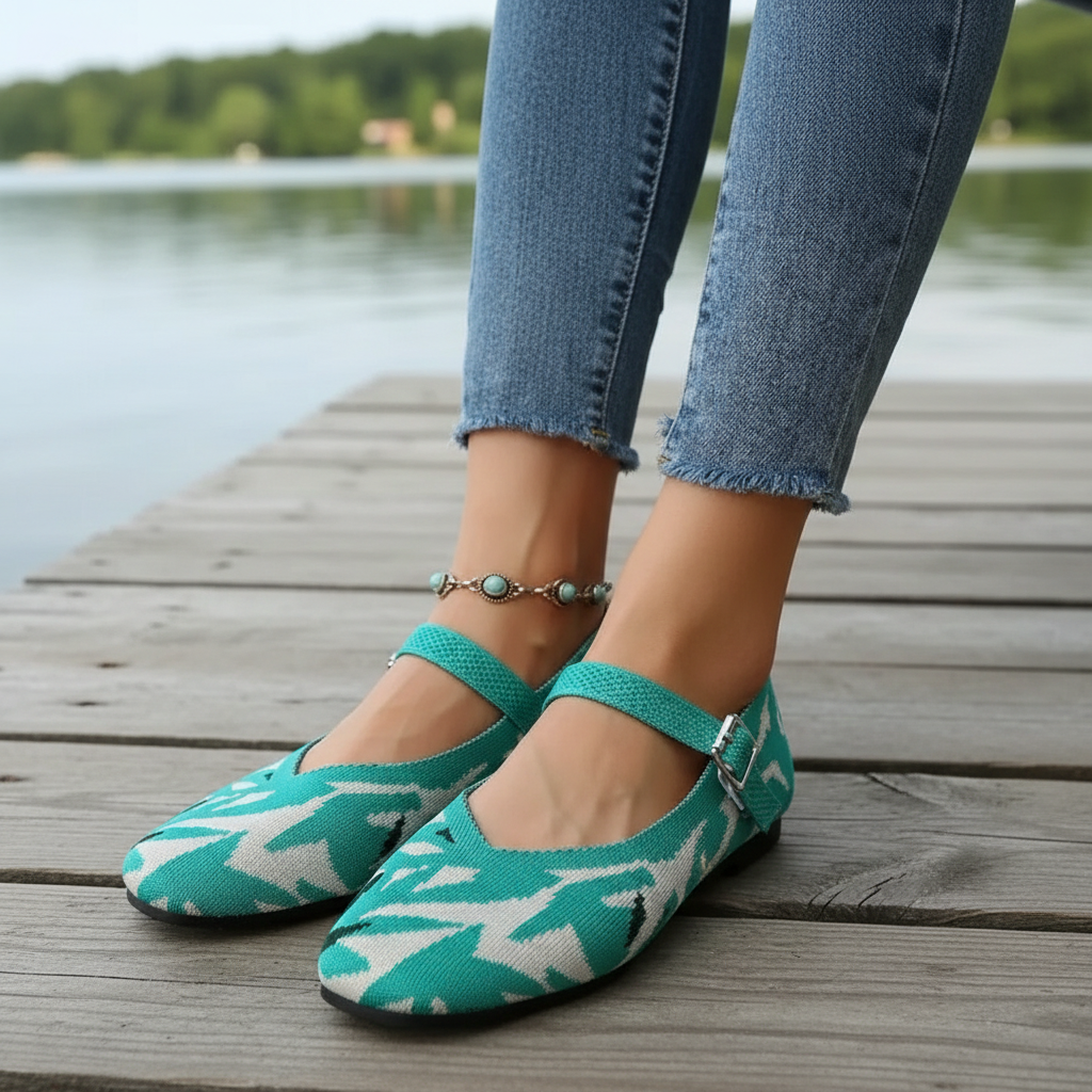 Mary Jane Flats Round Toe Mesh Slip-On Adjustable Buckle Color Contrast Shoes