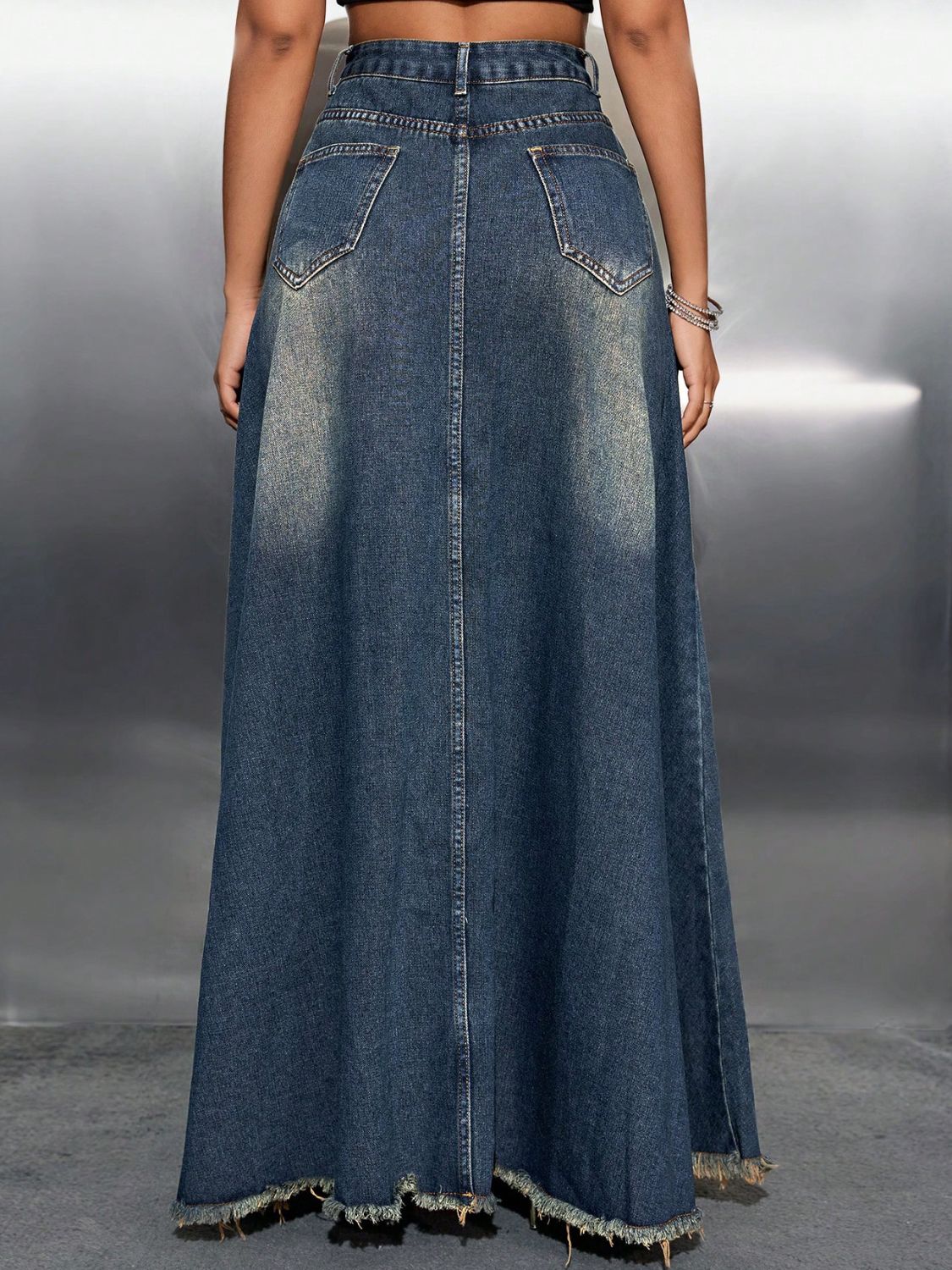 Retro Pocket High-Rise Waist Wide Panel Distressed Fringe Denim Blue Jean Maxi Skirt