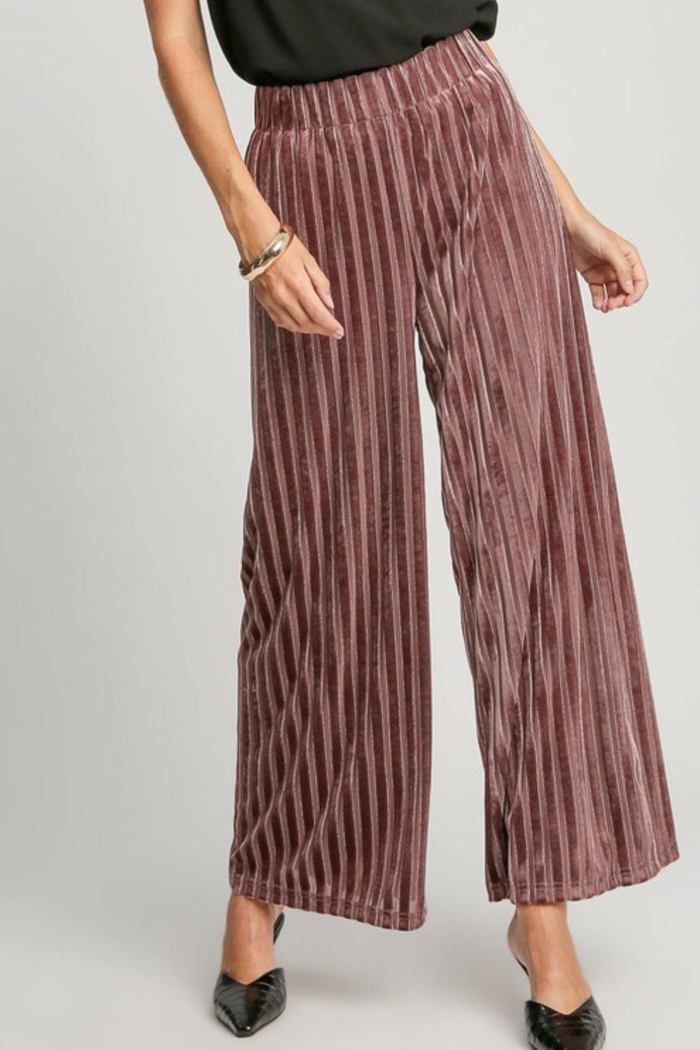 Umgee Velvet High-Rise Retro Pants Wide Leg Boho 70s Metallic Stripe Elastic Waist