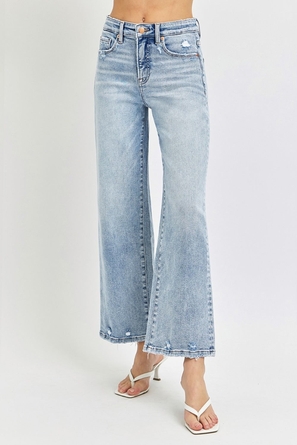 RISEN High-Rise Wide Leg Tummy Control Pants Distressed Cropped Boyfriend Denim Jeans