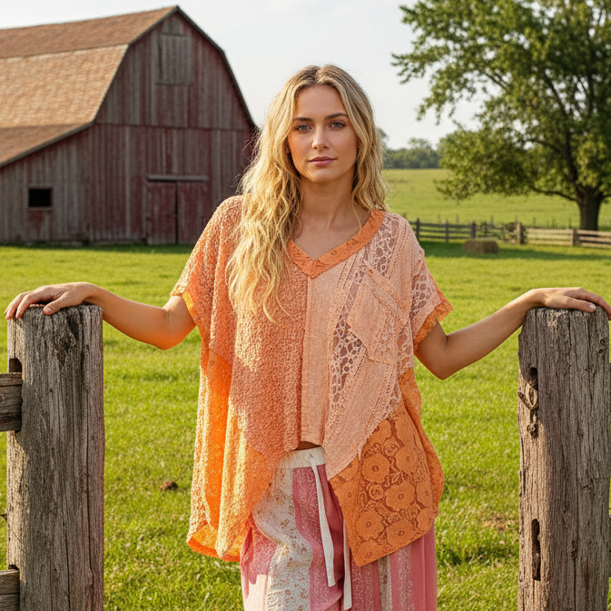 POL Lace Patchwork Asymmetrical Drape Shirt Oversized V-Neck Exposed Seam Top Orange