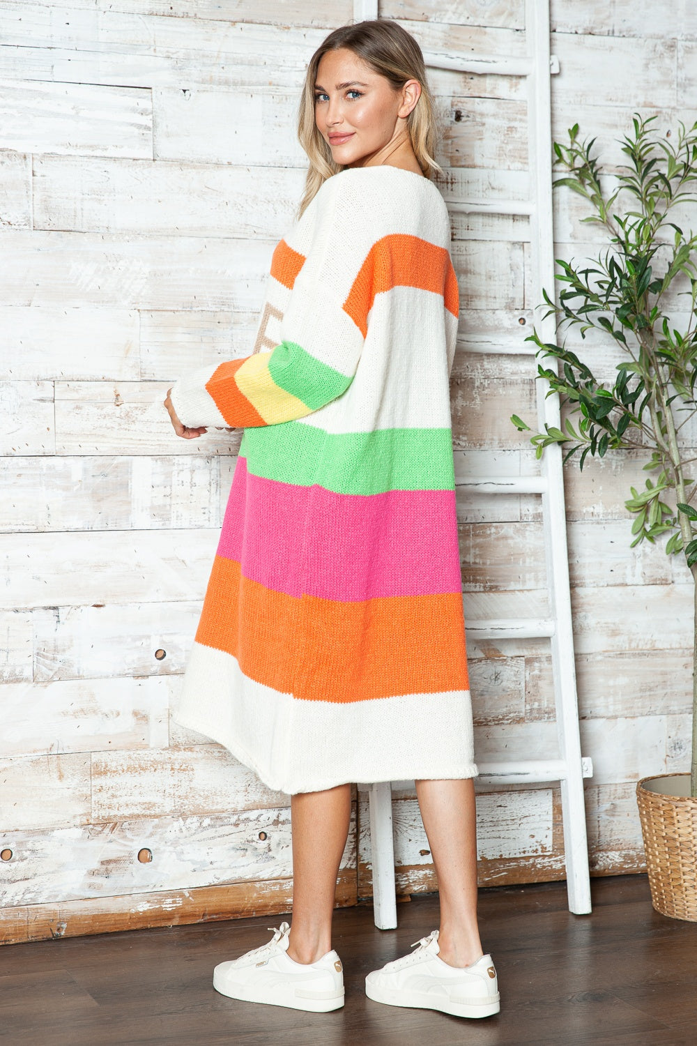 PEACE Oversized Knit Sweater Dress Colorful Contrasting Long Sleeve Knee Midi