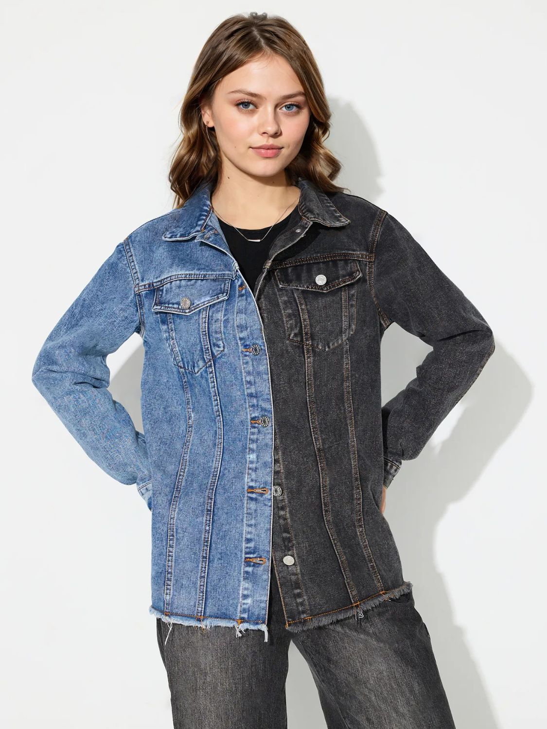 Two-tone Oversized Contrasting Denim Button-Up Jean Jacket Frayed Raw Hem Top