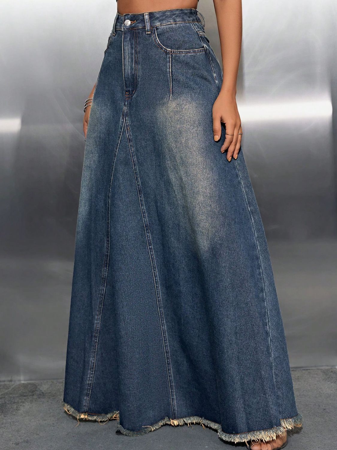 Retro Pocket High-Rise Waist Wide Panel Distressed Fringe Denim Blue Jean Maxi Skirt