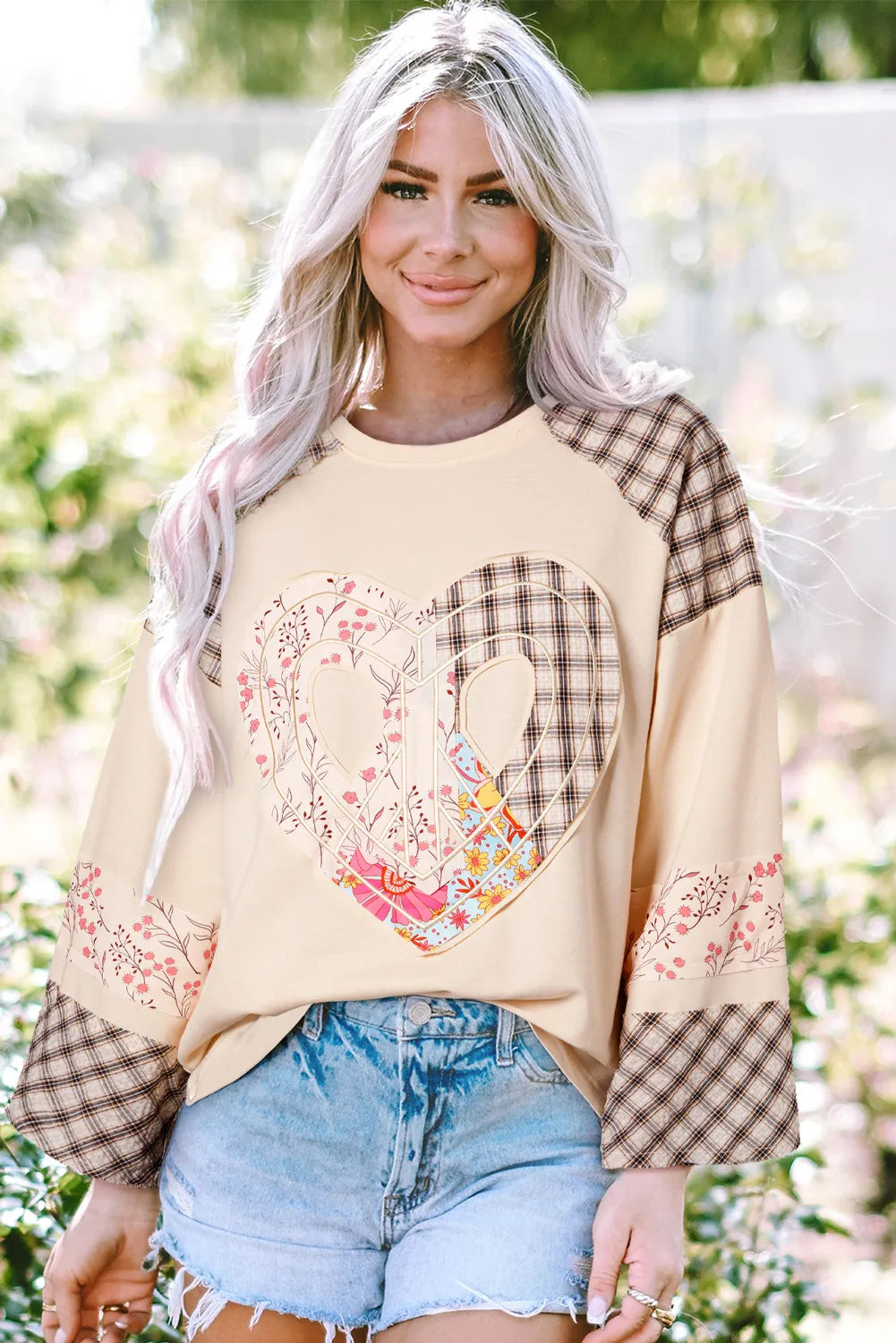 Peace Heart Plaid Floral Patchwork Blouse Long Sleeve Top Oversized Hippie Boho Shirt