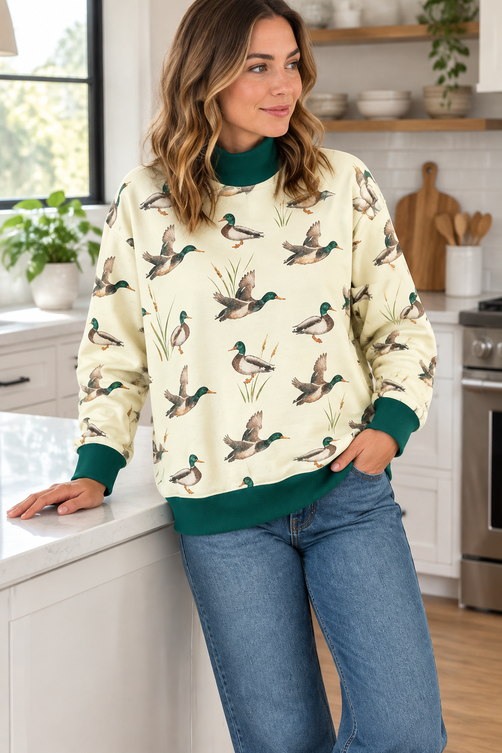 Mallard Duck Southern Contrasting Mock Neck Long Sleeve County Western Pullover Sweatshirt
