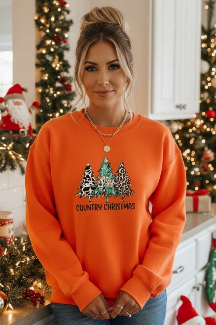Country Christmas Animal Tree Western Cowgirl Top Crew Neck Pullover Sweatshirt