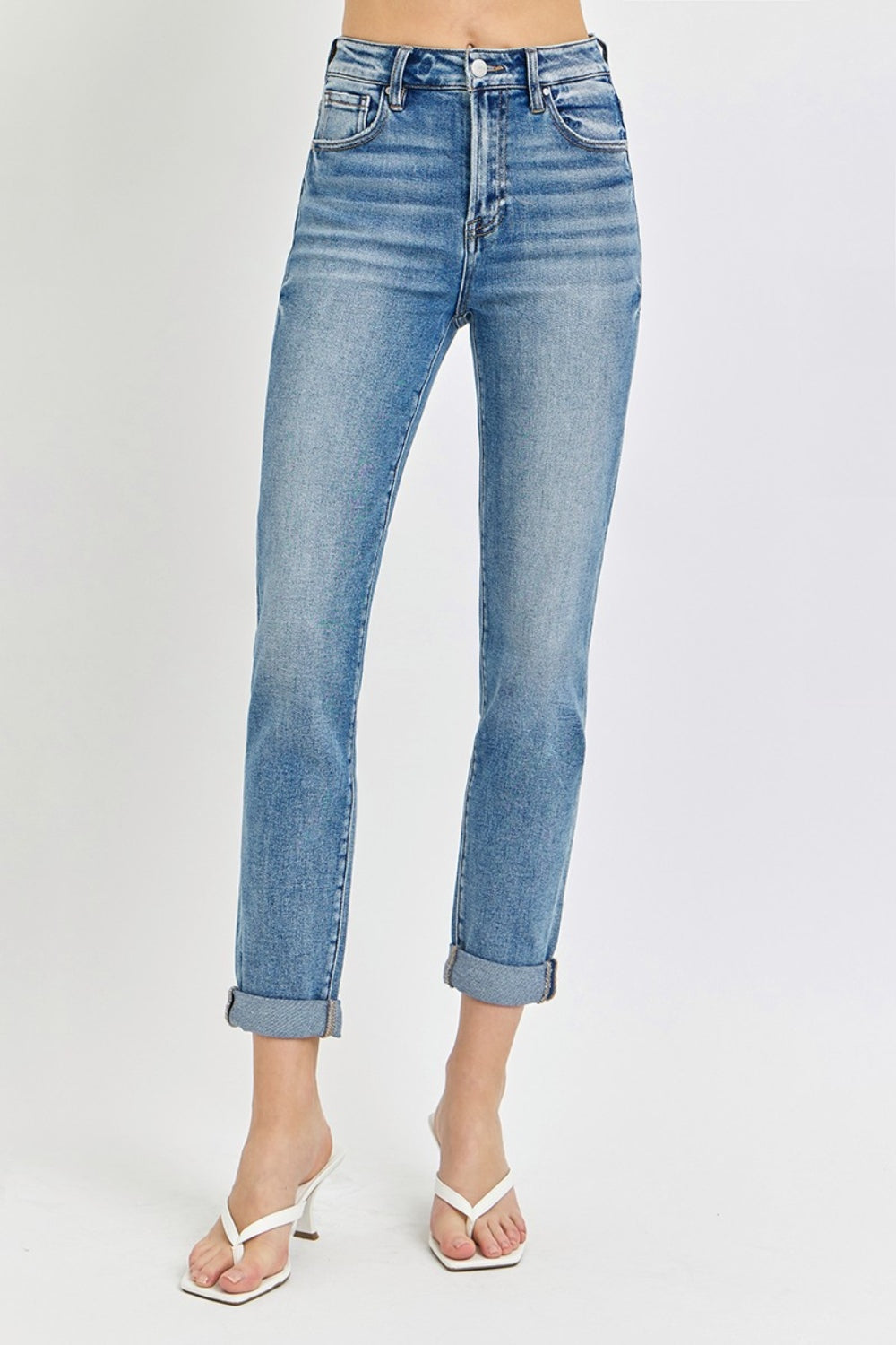 RISEN High-Rise Straight Leg Cuffed Rolled Up Cropped Hem Jeans Denim Pants