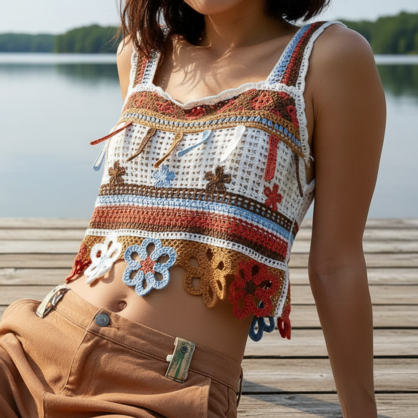 POL 70s Revival Retro Flower Crochet Tank Patchwork Crop Cami Sleeveless Top Orange