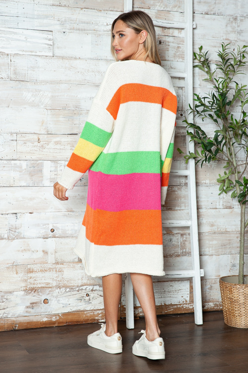 PEACE Oversized Knit Sweater Dress Colorful Contrasting Long Sleeve Knee Midi