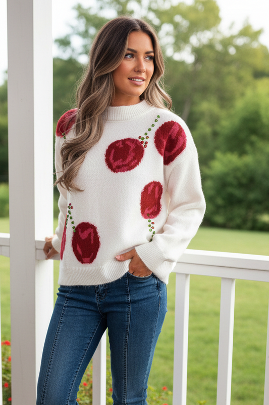 Rhinestone Cherry Embellished Shirt Contrasting Sweater Long Sleeve Pullover